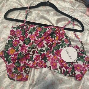 shein vcay pink purple magenta green floral tie back crop top blouse